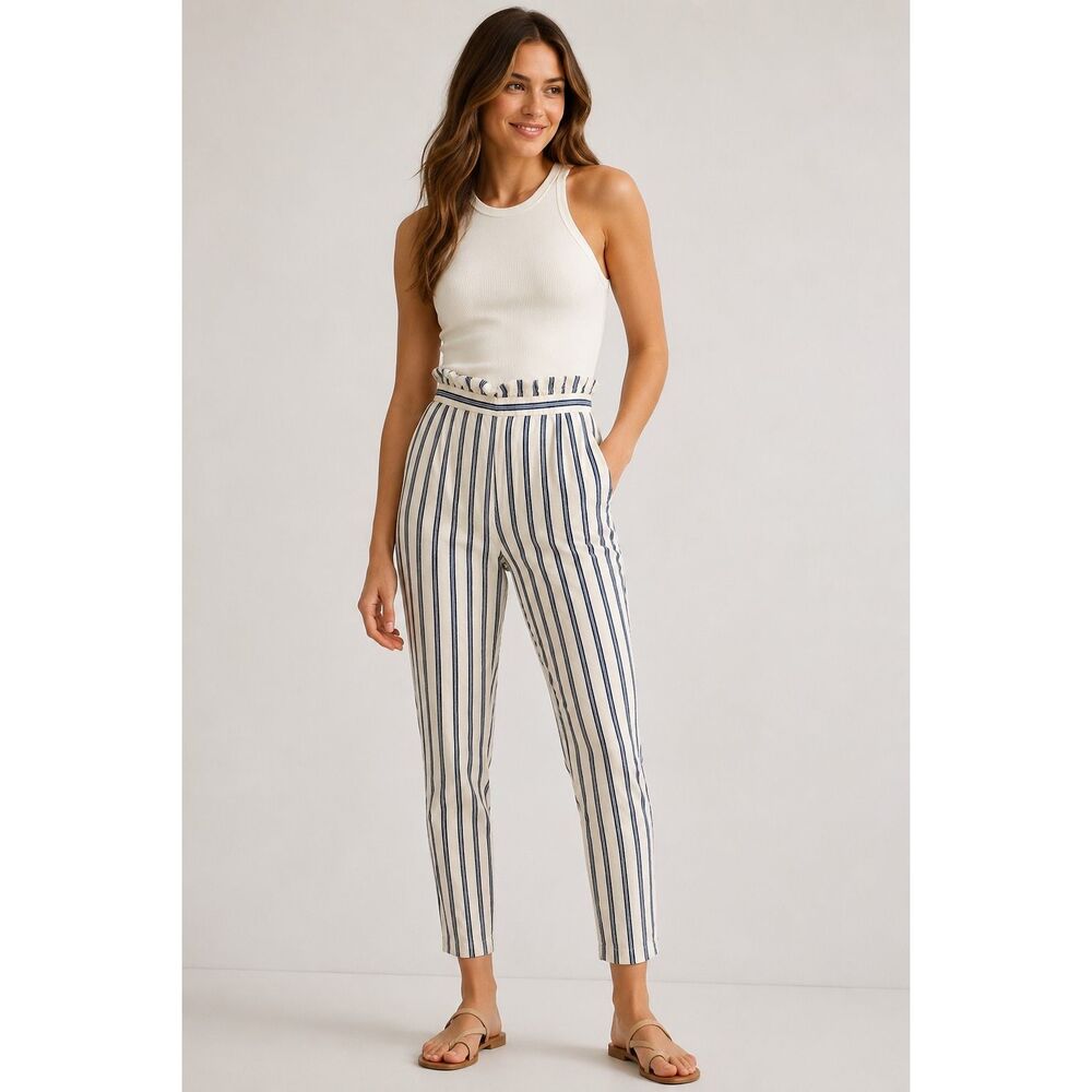 Express High Rise Ankle Pants Womens 2R Blue White Striped Rayon